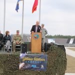 ALLETE Chairman, President and CEO Al Hodnik addresses the crowd at Thursday’s ribbon-cutting ceremony for the solar array at Camp Ripley. Looking on (from left) are state Sen. Carrie Ruud, U.S. Rep. Tim Walz, Lt. Gov. Tina Smith, Maj. Gen. Richard Nash and Lt. Col. Sol Sukut