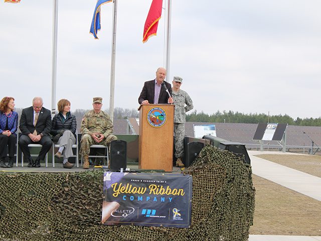 ALLETE Chairman, President and CEO Al Hodnik addresses the crowd at Thursday’s ribbon-cutting ceremony for the solar array at Camp Ripley. Looking on (from left) are state Sen. Carrie Ruud, U.S. Rep. Tim Walz, Lt. Gov. Tina Smith, Maj. Gen. Richard Nash and Lt. Col. Sol Sukut