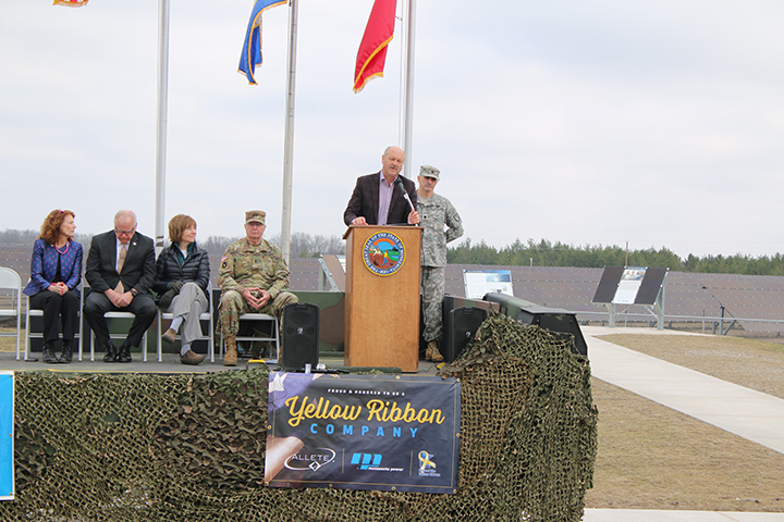 ALLETE Chairman, President and CEO Al Hodnik addresses the crowd at Thursday’s ribbon-cutting ceremony for the solar array at Camp Ripley. Looking on (from left) are state Sen. Carrie Ruud, U.S. Rep. Tim Walz, Lt. Gov. Tina Smith, Maj. Gen. Richard Nash and Lt. Col. Sol Sukut