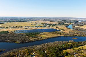 The Camp Ripley solar array (foreground) as seen from the air above the base. Photo courtesy of Minnesota National Guard